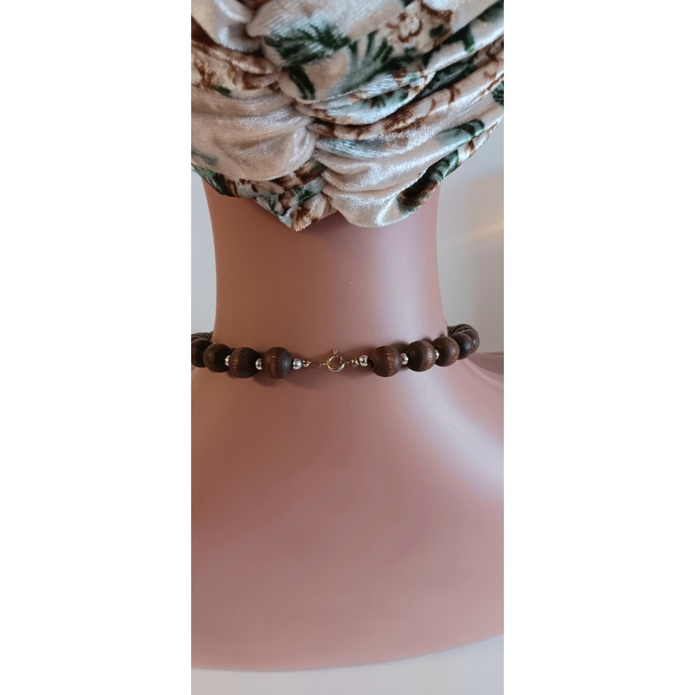 Chunky Fashion Jewelry gold coated spacers Brown Beaded wooden necklace 11" long - Picture 4 of 7